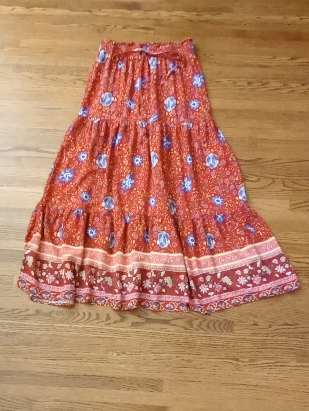 SHEIN Cherry Red Floral Tiered Maxi Skirt Size Large W 15-21" L 40"